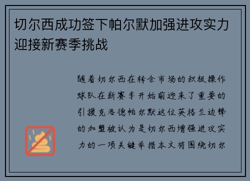 切尔西成功签下帕尔默加强进攻实力迎接新赛季挑战 切尔西成功签下帕尔默加强进攻实力迎接新赛季挑战